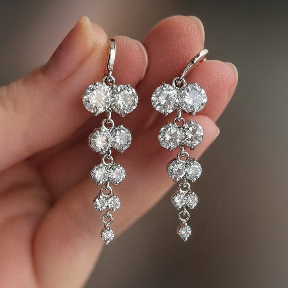 Clear Sapphire Drop Earrings in Palladium Setting